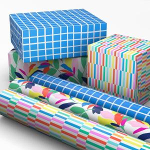 Hallmark Wrapping Paper Mini Rolls, 3-Pack (Stripes, Wildflowers, Pink Polka Dots) for Birthdays, Mother’s Day, Bridal Showers, Any Occasion – 45 Sq. Ft. Total(Blue Plaid  Spring Flowers  Rainbow Stripes)