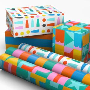 Hallmark Wrapping Paper Mini Rolls, 3-Pack (Stripes, Wildflowers, Pink Polka Dots) for Birthdays, Mother’s Day, Bridal Showers, Any Occasion – 45 Sq. Ft. Total(Rainbow Block Letters  Stripes  Exclamation Points)