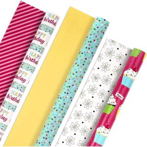 Hallmark Wrapping Paper Rolls for Birthday, Bridal Shower, Baby Shower, Gift Wrap Paper (Set of 6 Rolls: 180 sq. ft. ttl.) Butterflies, Gold Animal Print, Pink Flowers for All Occasions(Reversible Stripes  Dots  Cupcakes)