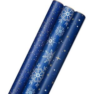 Hallmark Wrapping Paper Rolls for Graduation, Wedding, Birthday, Baby Shower, Bridal Shower – Foil Metallic Pastel Gift Wrap Paper (Set of 3 Reversible Rolls: 120 sq. ft. ttl.)(Navy Dots  Snowflakes  Stars)