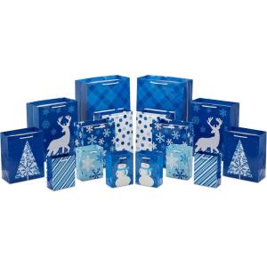 Image Arts Assorted Christmas Gift Bags Bulk – Blue Plaid, Snowman, Deer, Tree, Snowflakes (16 Bags: 6 Small 5″, 6 Medium 8″, 2 Large 11″, 2 XL 14″) for Holiday Parties, Hanukkah, Weddings(Blue Plaid  Stripes  Snowman  Deer  Snowflake  Dots)