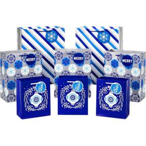 Image Arts Assorted Christmas Gift Bags Bulk – Blue Plaid, Snowman, Deer, Tree, Snowflakes (16 Bags: 6 Small 5″, 6 Medium 8″, 2 Large 11″, 2 XL 14″) for Holiday Parties, Hanukkah, Weddings(Holiday Gift Bags)