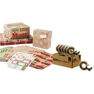 Scotch Magic Greener Tape and Hallmark Christmas Flat Wrapping Paper Sheets (Includes 6 Rolls of Tape, 12 Folded Gift Wrap Sheets, 16 Sticker Seals) Rustic Red Trucks & White Snowflakes