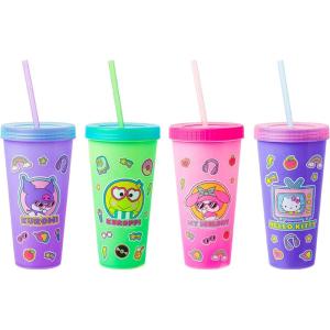 Silver Buffalo Rainbow Brite 4 pack Color Change Plastic Tumbler Set Featuring Rainbow Brite, Patty O’Green, La La Orange, and Shy Violet, 24 Ounces(Hello Kitty and Friends Sticker)