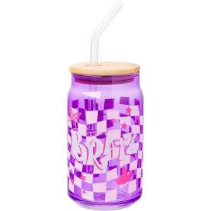 Silver Buffalo Rainbow Brite Balloon Glass Tumbler with Bamboo Lid and Glass Straw, 16 Ounces(Bratz Logo Purple Checkered)