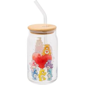 Silver Buffalo Rainbow Brite Balloon Glass Tumbler with Bamboo Lid and Glass Straw, 16 Ounces(Care Bears Watercolor)
