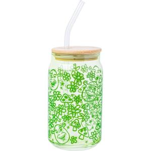 Silver Buffalo Rainbow Brite Balloon Glass Tumbler with Bamboo Lid and Glass Straw, 16 Ounces(Shrek  Flowers  and Mushrooms Doodle)