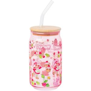 Silver Buffalo Rainbow Brite Balloon Glass Tumbler with Bamboo Lid and Glass Straw, 16 Ounces(Strawberry Shortcake Cupcakes and Jam)