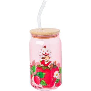 Silver Buffalo Rainbow Brite Balloon Glass Tumbler with Bamboo Lid and Glass Straw, 16 Ounces(Strawberry Shortcake Sitting on Strawberry)
