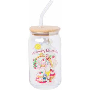Silver Buffalo Rainbow Brite Balloon Glass Tumbler with Bamboo Lid and Glass Straw, 16 Ounces(Strawberry Shortcake Sliding Rainbow)