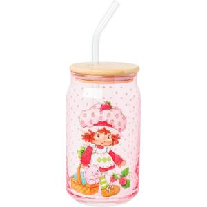 Silver Buffalo Rainbow Brite Balloon Glass Tumbler with Bamboo Lid and Glass Straw, 16 Ounces(Strawberry Shortcake White Polka Dot)