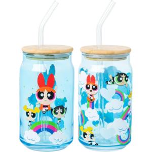 Silver Buffalo Rainbow Brite Balloon Glass Tumbler with Bamboo Lid and Glass Straw, 16 Ounces(The Powerpuff Girls (2 Pack))