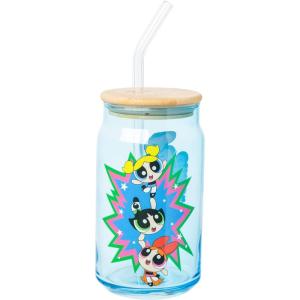 Silver Buffalo Rainbow Brite Balloon Glass Tumbler with Bamboo Lid and Glass Straw, 16 Ounces(The Powerpuff Girls)