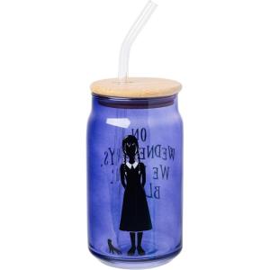 Silver Buffalo Rainbow Brite Balloon Glass Tumbler with Bamboo Lid and Glass Straw, 16 Ounces(Wednesday Addams)