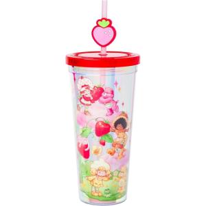 Silver Buffalo Rainbow Brite Plastic Cold Cup with Lid and Straw Topper, 24 Ounces(Care Bears and Strawberry Shortcake Iridescent)