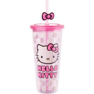 Silver Buffalo Rainbow Brite Plastic Cold Cup with Lid and Straw Topper, 24 Ounces(Hello Kitty Bow and Pink Polka Dots)
