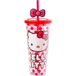 Silver Buffalo Rainbow Brite Plastic Cold Cup with Lid and Straw Topper, 24 Ounces(Hello Kitty Bows and Red Polka Dots)