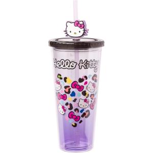 Silver Buffalo Rainbow Brite Plastic Cold Cup with Lid and Straw Topper, 24 Ounces(Hello Kitty Leopard Heart)