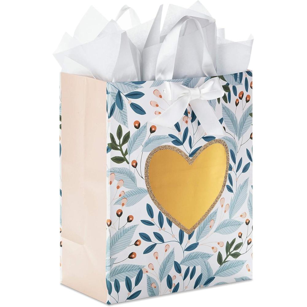 imageHallmark 13quot Large Gift Bag with Tissue Paper Green Foliage Gold Heart for Weddings Engagements Anniversaries Bridal Showers and MoreFloral with Gold Heart