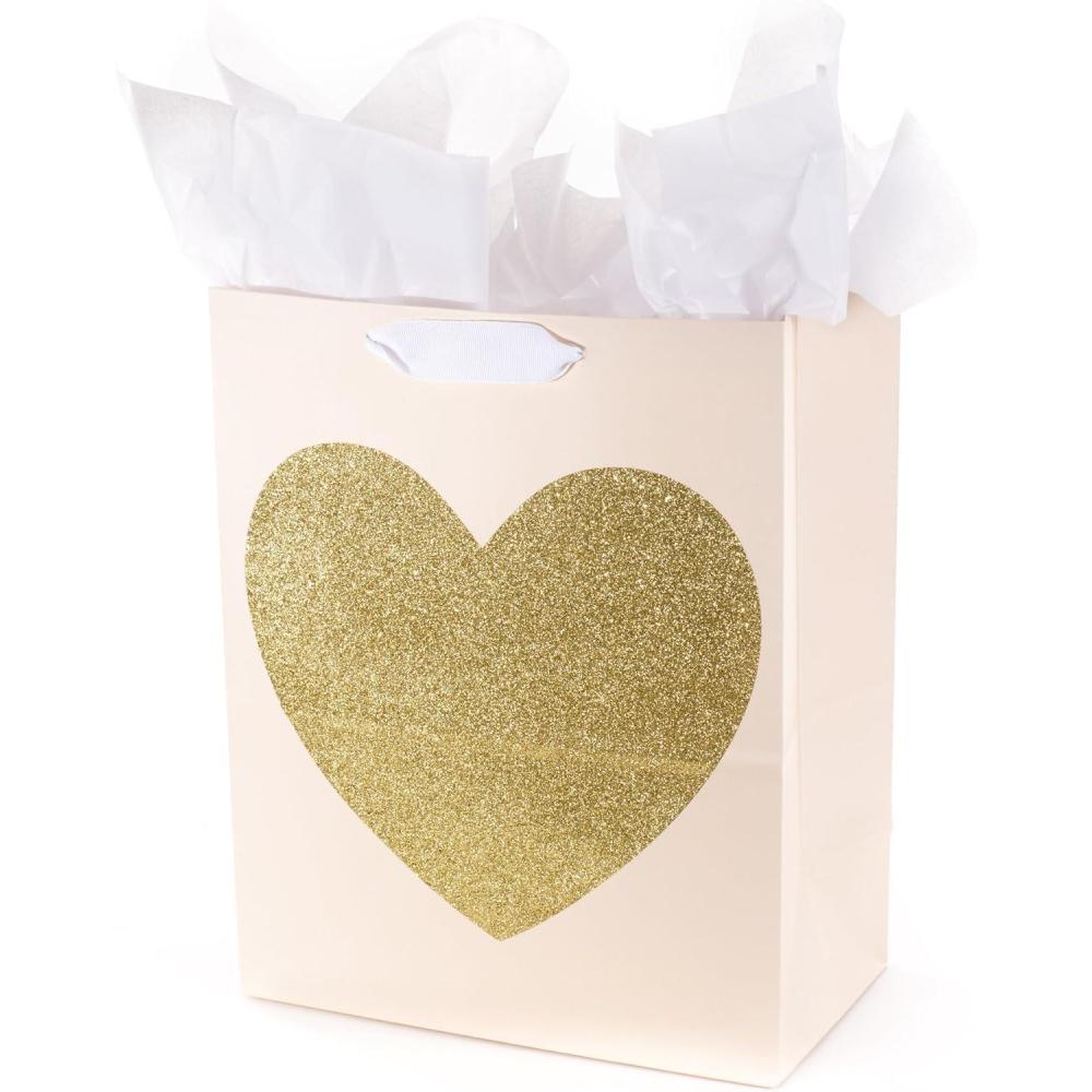 imageHallmark 13quot Large Gift Bag with Tissue Paper Green Foliage Gold Heart for Weddings Engagements Anniversaries Bridal Showers and MorePink with Gold Heart