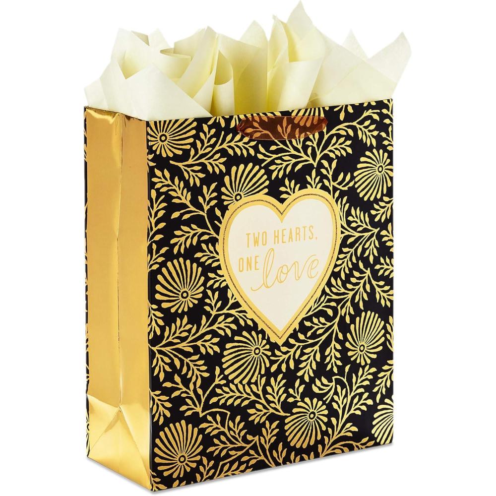 imageHallmark 15quot Extra Large Gift Bag with Tissue Paper quotTwo Hearts One Lovequot Black and Gold for Weddings Anniversaries Engagements Valentines DayTwo Hearts  One Love