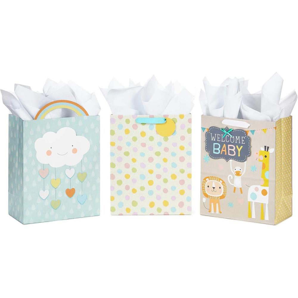 imageHallmark 15quot Extra Large Gift Bags with Tissue Paper 2 Bags Baby Animals Yellow Gingham for Baby Showers 1st Birthdays Gender Reveal Parties3 Count Pack of 1
