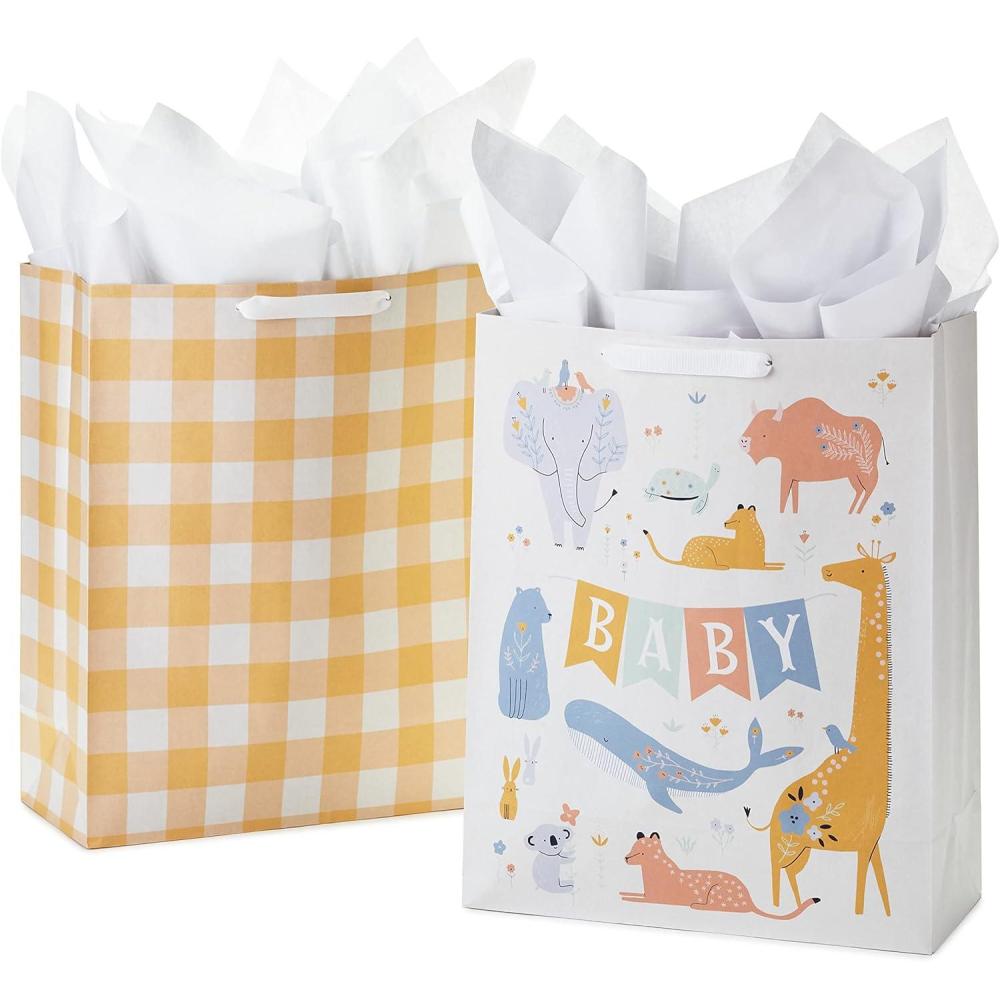 imageHallmark 15quot Extra Large Gift Bags with Tissue Paper 2 Bags Baby Animals Yellow Gingham for Baby Showers 1st Birthdays Gender Reveal PartiesXLarge Pack of 2
