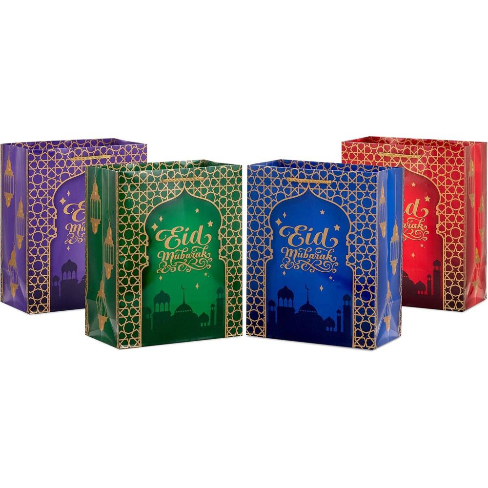 imageHallmark 9quot Medium Eid Gift Bag Bundle 4 Bags Eid Mubarak with Stars and Skyline in Red Blue Green Purple