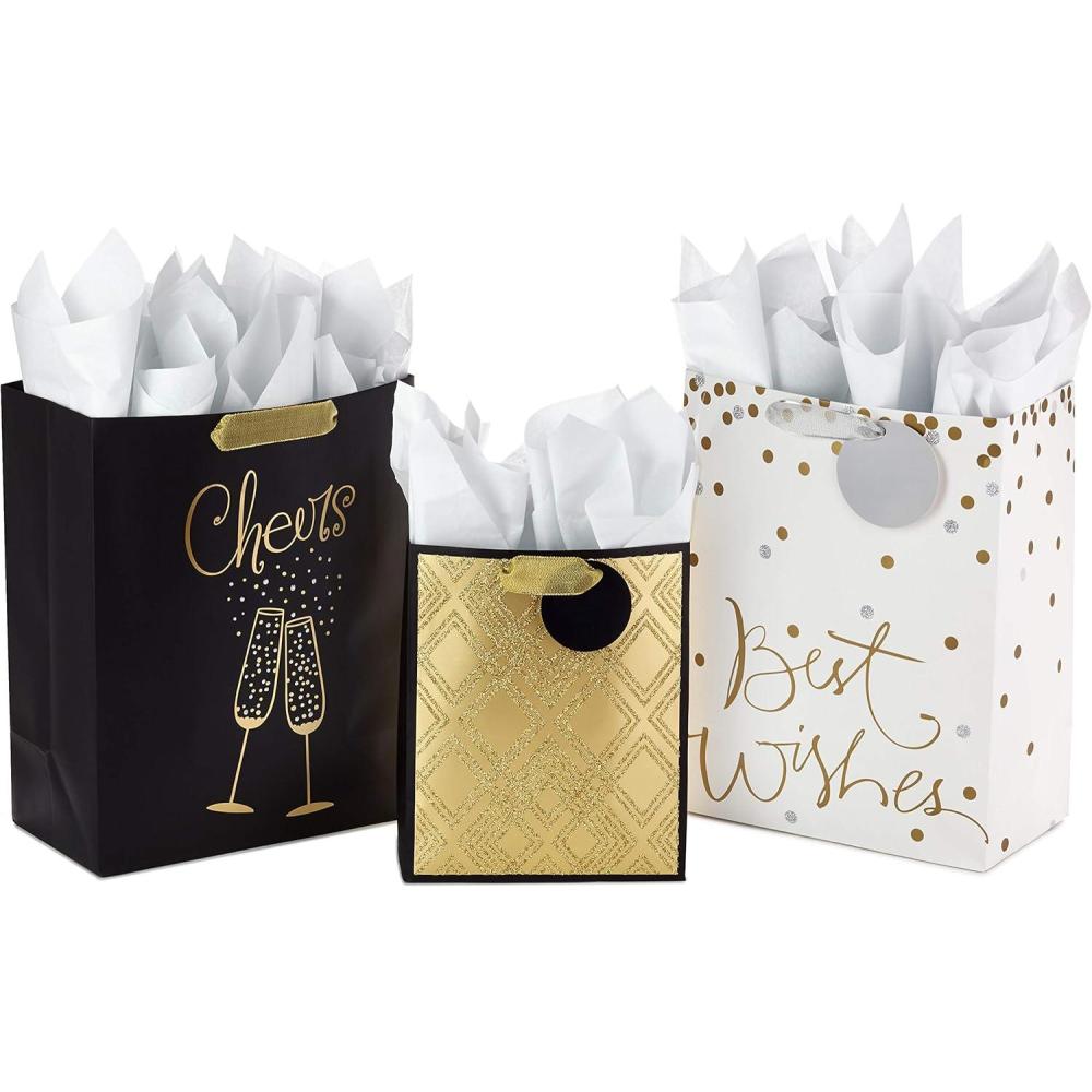 imageHallmark All Occasion Gift Bags Assortment with Tissue Paper  Black and Gold Pack of 3 2 Large 13quot and 1 Medium 9quot for Anniversaries Weddings Birthdays Holidays and More