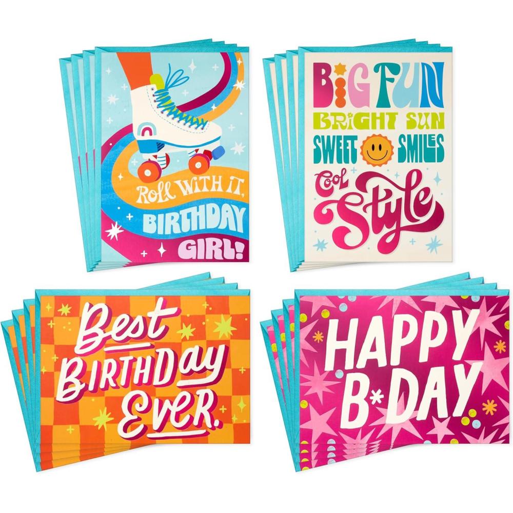 imageHallmark Birthday Girl Card Assortment 16 Cards with Envelopes Roller Skates Retro Stars Pink Orange