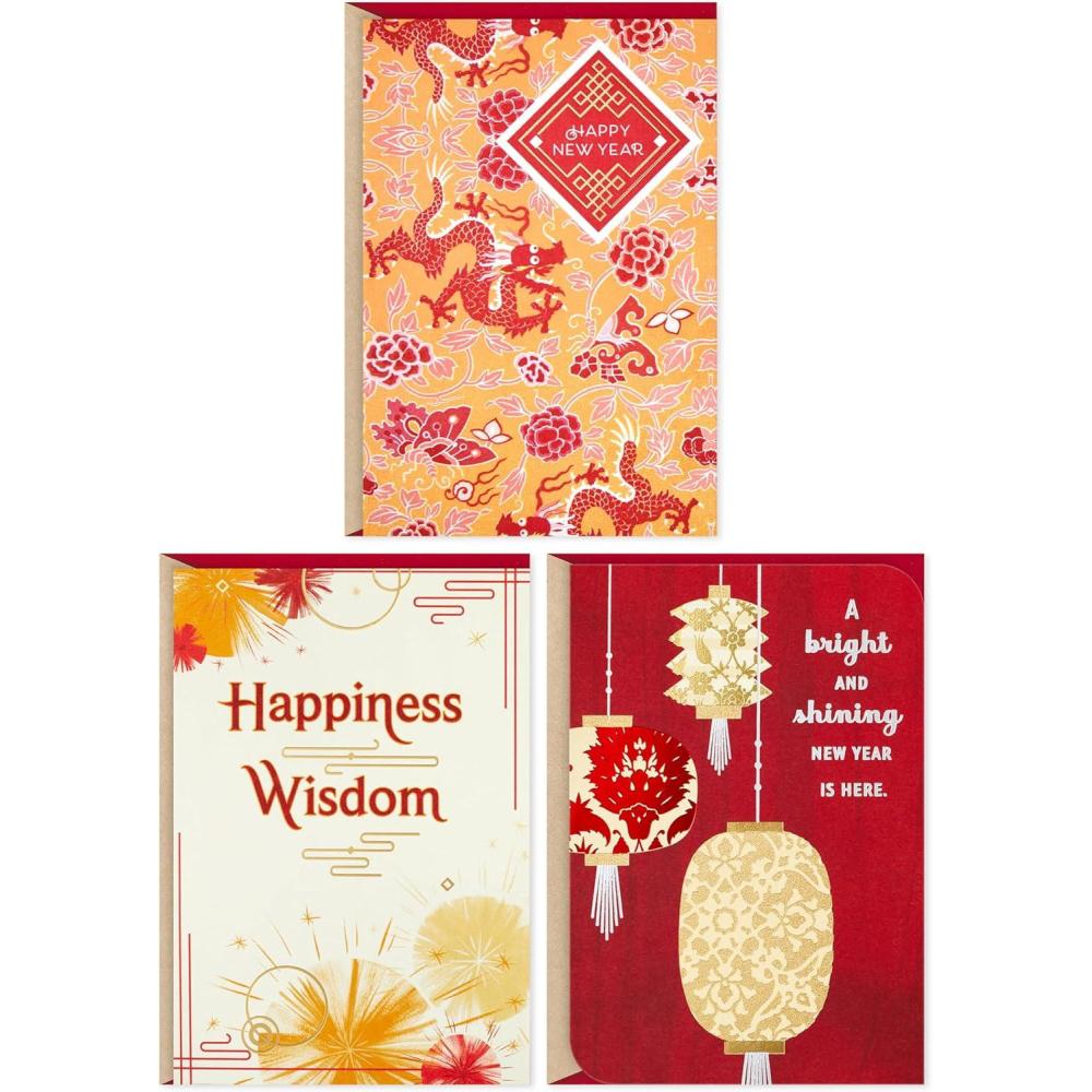 imageHallmark Chinese New Year Cards 2026 3 Lunar New Year Cards with Red Lucky Money Envelopes Happiness Luck Prosperity Year of the HorsePack of 3
