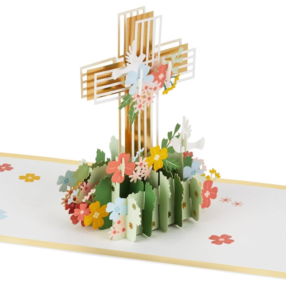 imageHallmark Signature Paper Wonder Religious Pop Up Card Cross with Flowers for Birthdays Easter Baptisms Confirmations