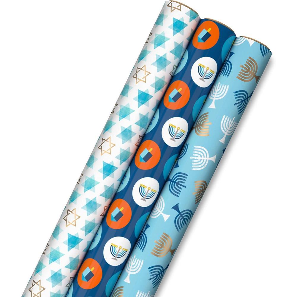 imageHallmark Tree of Life Hanukkah Wrapping Paper with Cutlines on Reverse 3 Rolls 120 Sq Ft Total Blue and Gold Star of David Menorahs Candles DreidelsSet of 3 Rolls  120 Sq Ft Total