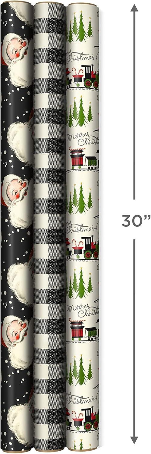 imageHallmark Black Christmas Wrapping Paper with Cut Lines on Reverse 3 Rolls 120 sq ft ttl Retro Santa Black and White Buffalo Plaid Train and Trees 0005JXW1077Retro Santa  Plaid  and Train