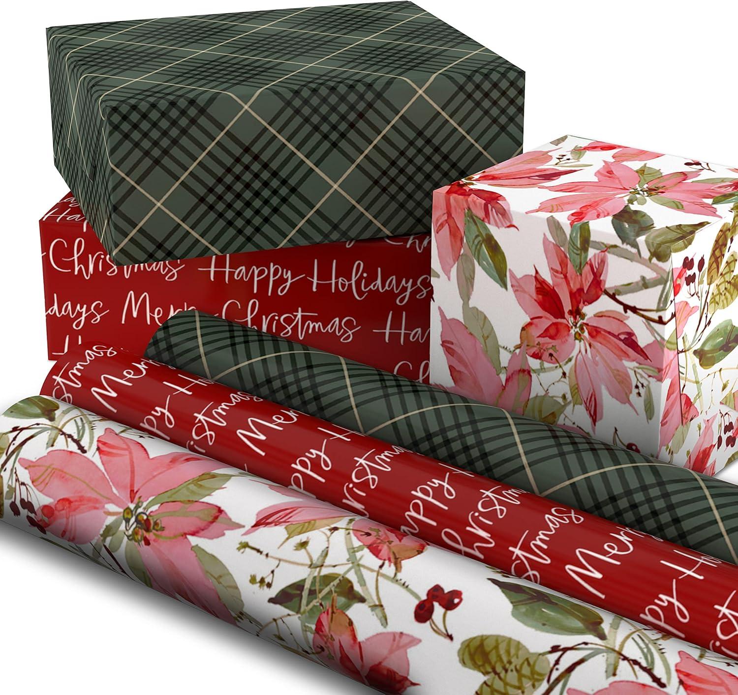 imageHallmark Holiday Plaid Wrapping Paper with Cutlines and Optional DIY Bow Templates on Reverse 3Pack 120 Sq Ft Ttl Red Toile Black Buffalo Check Plaid for Christmas Birthdays Weddings CraftsElegant Poinsettia  Merry Christmas  and Green Plaid