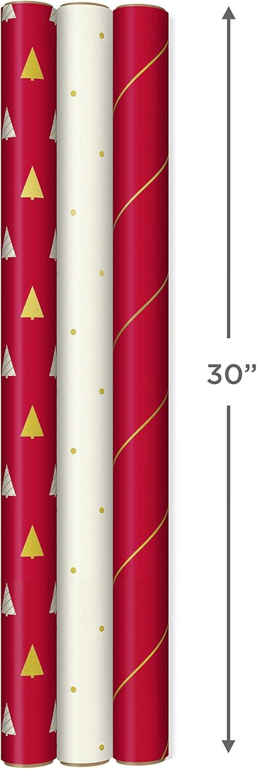 imageHallmark Holiday Plaid Wrapping Paper with Cutlines and Optional DIY Bow Templates on Reverse 3Pack 120 Sq Ft Ttl Red Toile Black Buffalo Check Plaid for Christmas Birthdays Weddings CraftsRed  White  Gold Trees  Stripes  Dots