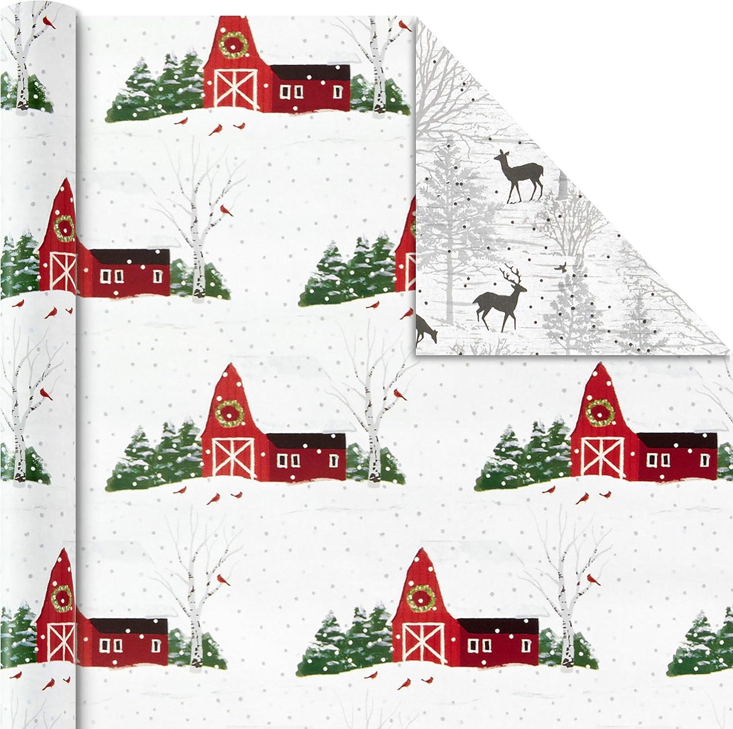 imageHallmark Holiday Wrapping Paper Rolls  Rustic Christmas Gift Wrap Paper Set of 3 Reversible Rolls 120 sq ft ttl Plaid Barn Red Truck Moose Woodland ScenesPlaid  Barn  Red Truck  Moose  Woodland Scenes