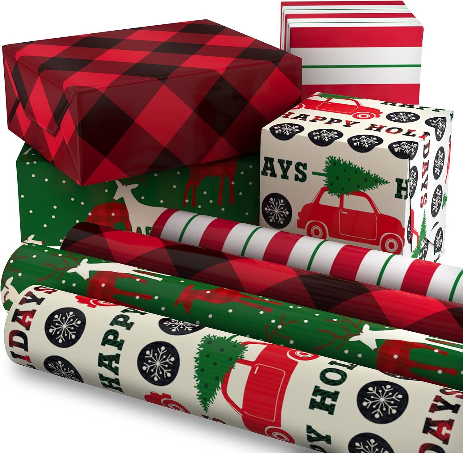 imageImage Arts Blue Christmas Wrapping Paper with Cut Lines on Reverse 4 Rolls 120 sq ft ttl Snowmen Snowflakes Blue and White StripesRed Car  Buffalo Plaid  Reindeer  Stripes