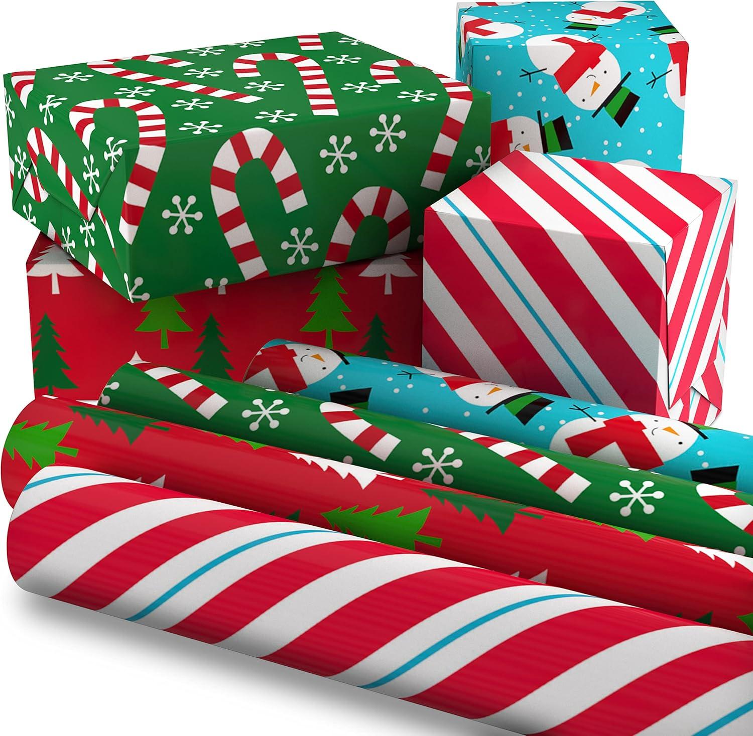 imageImage Arts Blue Christmas Wrapping Paper with Cut Lines on Reverse 4 Rolls 120 sq ft ttl Snowmen Snowflakes Blue and White StripesStripes  Candy Cane  Trees  Snowman