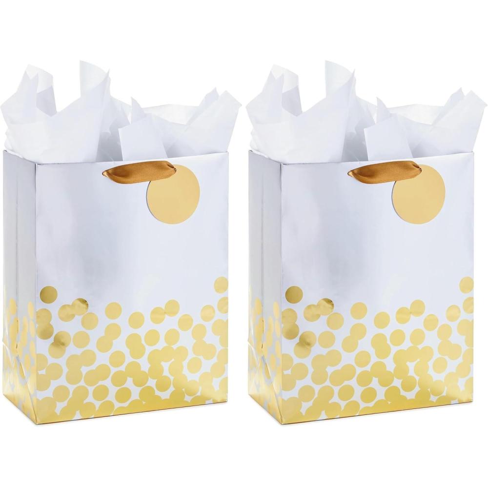 imageHallmark 13quot Large Gift Bag with Tissue Paper Gold Foil Dots on Silver for Graduations Engagements Bridal Showers Weddings Valentines Day Holidays Christmas Any OccasionLarge Pack of 2