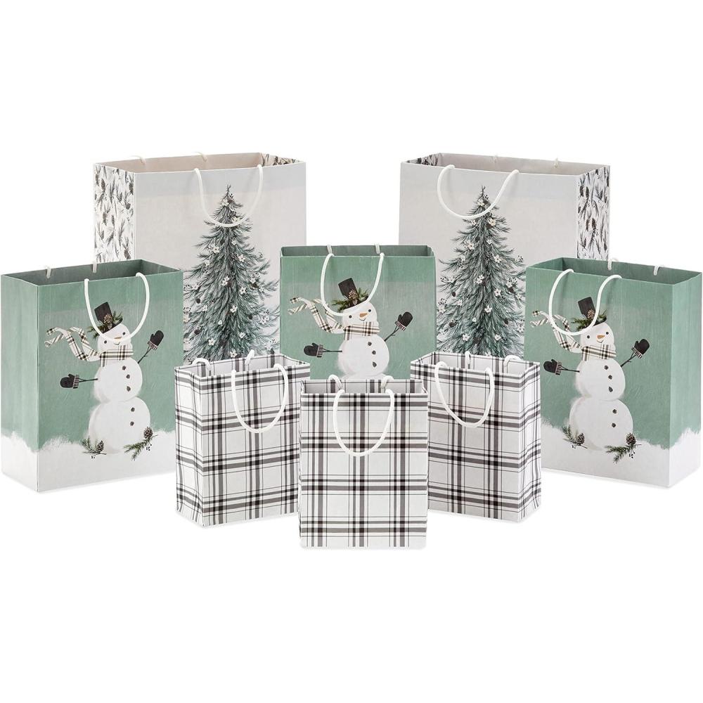imageHallmark Christmas Gift Bag Assortment 8 Bags 3 Small 6quot 3 Medium 9quot 2 Large 13quot White and Sage Green with Rustic Snowman Plaid Evergreen Tree for Christmas Winter Weddings Birthdays
