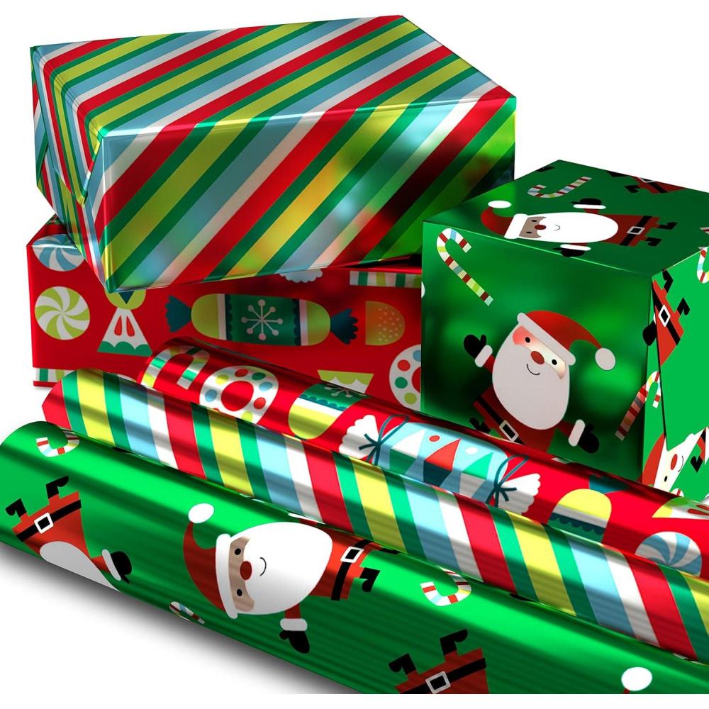 imageHallmark Christmas Wrapping Paper Rolls  Solid Red Green Gold Metallic Foil Gift Wrap Paper Set of 3 Rolls 60 sq ft ttl for Holiday Parties Hanukkah Winter WeddingsMetallic Santa  Stripes  Candy