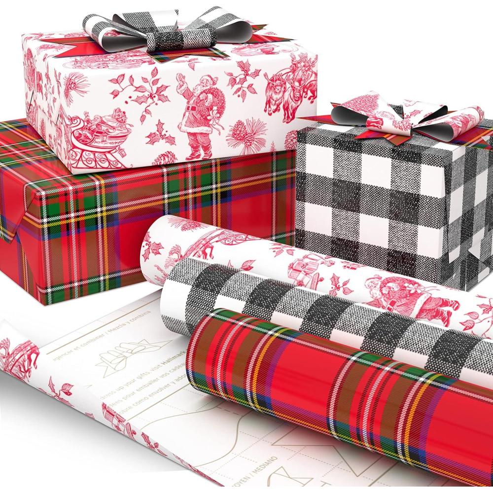 imageHallmark Holiday Plaid Wrapping Paper with Cutlines and Optional DIY Bow Templates on Reverse 3Pack 120 Sq Ft Ttl Red Toile Black Buffalo Check Plaid for Christmas Birthdays Weddings CraftsRed Toile  Black Buffalo Check  Plaid