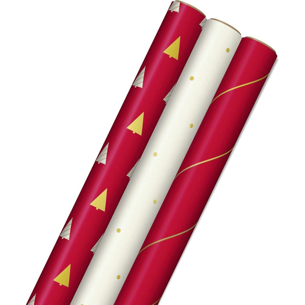 imageHallmark Holiday Plaid Wrapping Paper with Cutlines and Optional DIY Bow Templates on Reverse 3Pack 120 Sq Ft Ttl Red Toile Black Buffalo Check Plaid for Christmas Birthdays Weddings CraftsRed  White  Gold Trees  Stripes  Dots