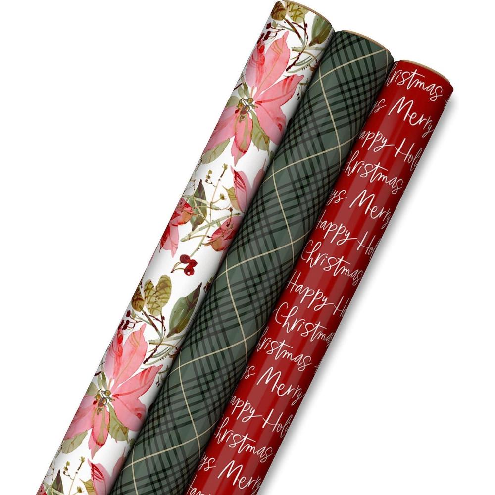 imageHallmark Holiday Plaid Wrapping Paper with Cutlines and Optional DIY Bow Templates on Reverse 3Pack 120 Sq Ft Ttl Red Toile Black Buffalo Check Plaid for Christmas Birthdays Weddings CraftsElegant Poinsettia  Merry Christmas  and Green Plaid
