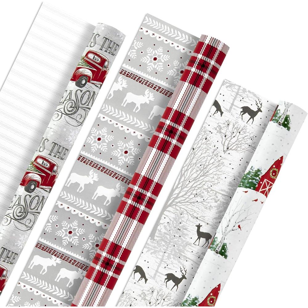 imageHallmark Holiday Wrapping Paper Rolls  Rustic Christmas Gift Wrap Paper Set of 3 Reversible Rolls 120 sq ft ttl Plaid Barn Red Truck Moose Woodland ScenesPlaid  Barn  Red Truck  Moose  Woodland Scenes