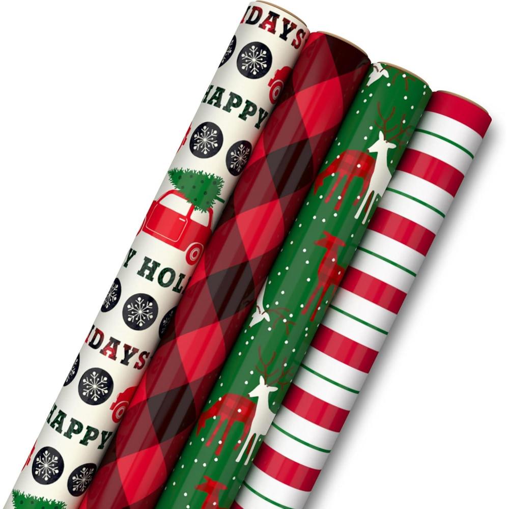 imageImage Arts Blue Christmas Wrapping Paper with Cut Lines on Reverse 4 Rolls 120 sq ft ttl Snowmen Snowflakes Blue and White StripesRed Car  Buffalo Plaid  Reindeer  Stripes