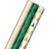 Hallmark Holiday Plaid Wrapping Paper with Cutlines and Optional DIY Bow Templates on Reverse (3-Pack: 120 Sq. Ft. Ttl) Red Toile, Black Buffalo Check, Plaid for Christmas, Birthdays, Weddings, Crafts(Gold Trees  Emerald Green Plaid  Gold Geometric Snowflakes)