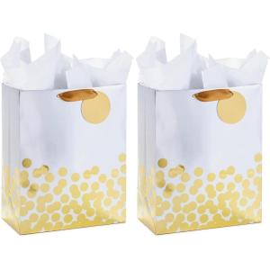 Hallmark 13″ Large Gift Bag with Tissue Paper (Gold Foil Dots on Silver) for Graduations, Engagements, Bridal Showers, Weddings, Valentines Day, Holidays, Christmas, Any Occasion(Large (Pack of 2))