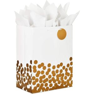 Hallmark 13″ Large Gift Bag with Tissue Paper (Gold Foil Dots on Silver) for Graduations, Engagements, Bridal Showers, Weddings, Valentines Day, Holidays, Christmas, Any Occasion(X-Large (Pack of 1))